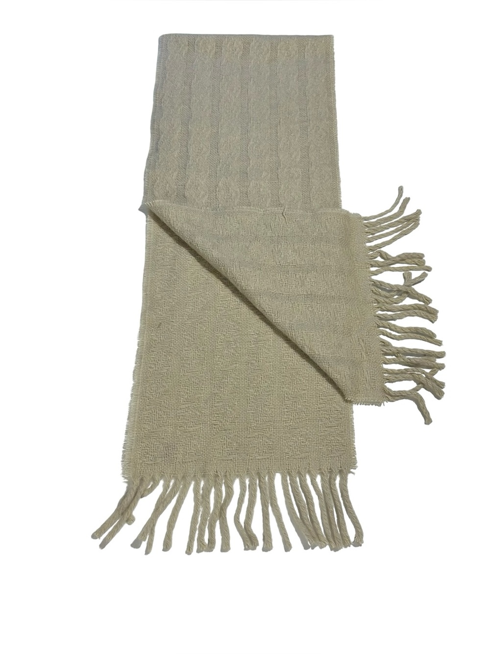 Vtg Nino De Nicola Made In Italy Cream Basketweave Fringe Scarf Knit 66x12